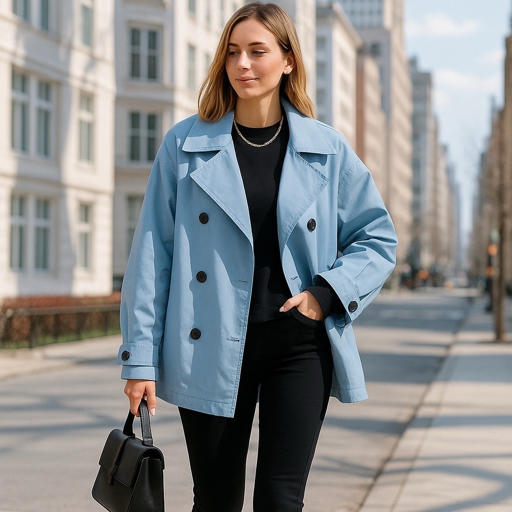 Gentle Herd Cropped Trench Coat Baby Blue Cotton Oversized Soft Tailoring L